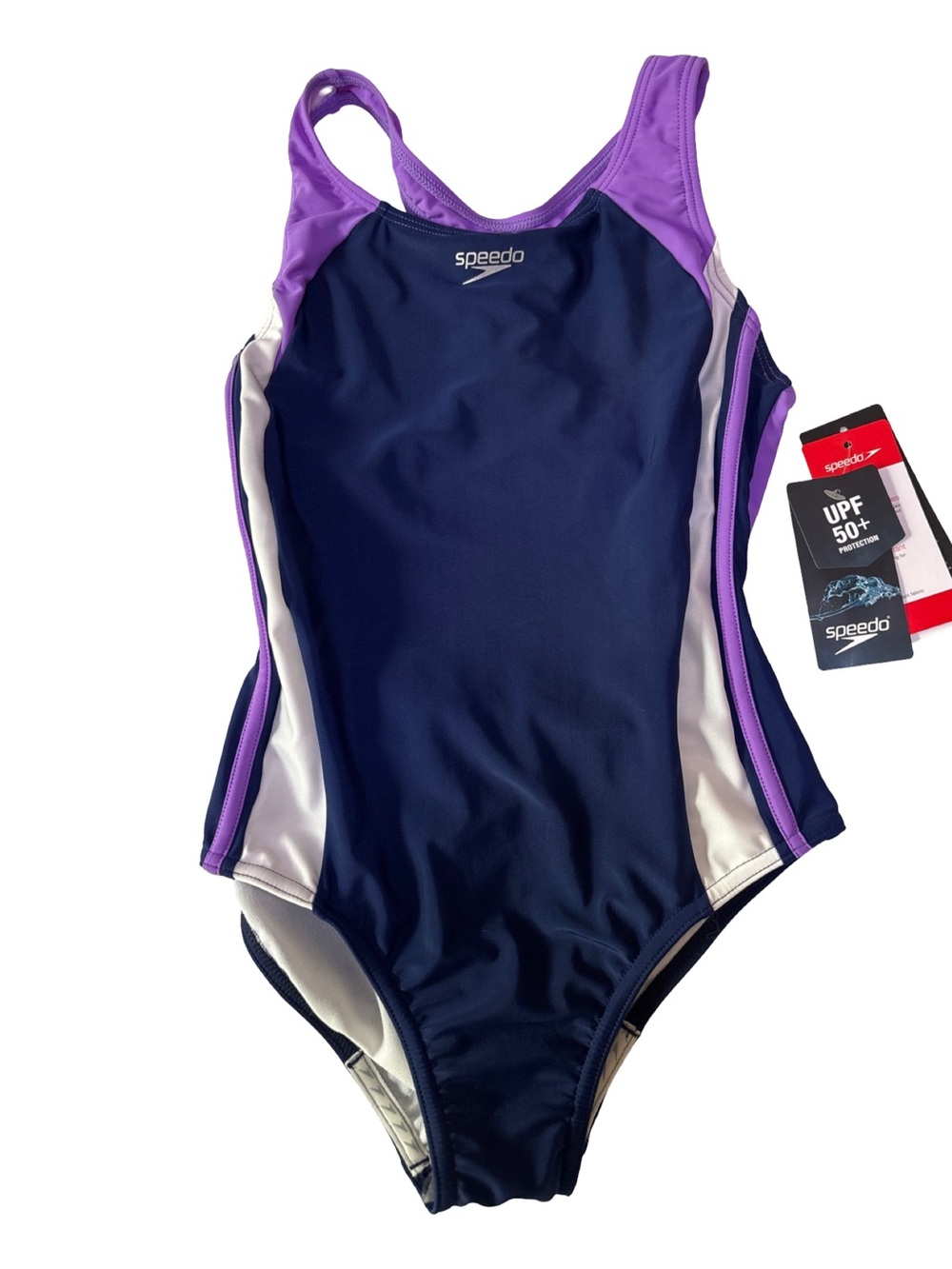 Speedo Navy, Purple & White Girls' One-Piece Swimsuit NWT Sz 12